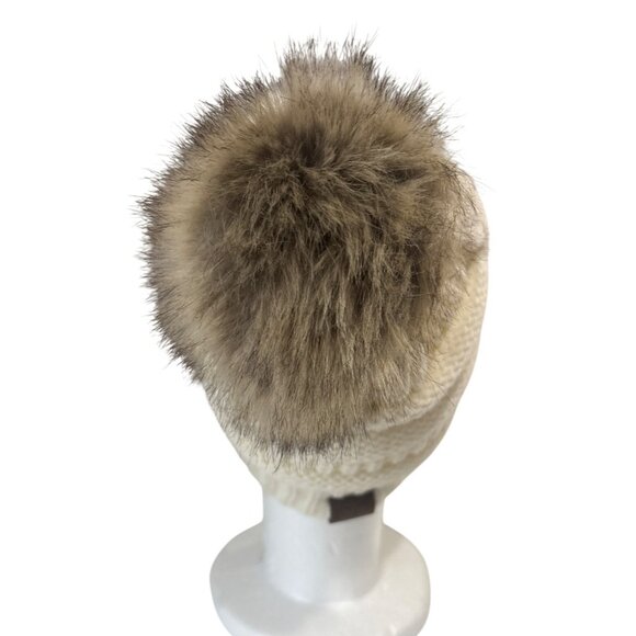 C.C Womens Ribbed Knit Beanie Hat With Faux Fur Pom Ivory One Size - Picture 3 of 7